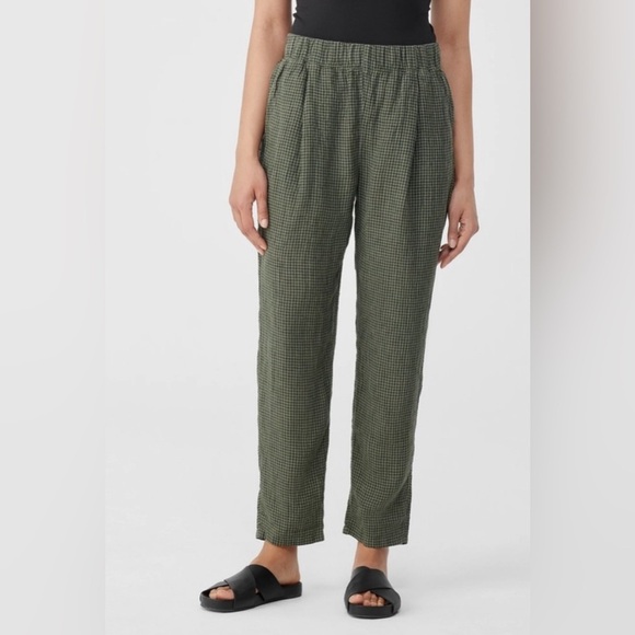 Eileen Fisher Organic Linen Loden Tapered Ankle Pant Size XS Green Black Plaid - Picture 1 of 6